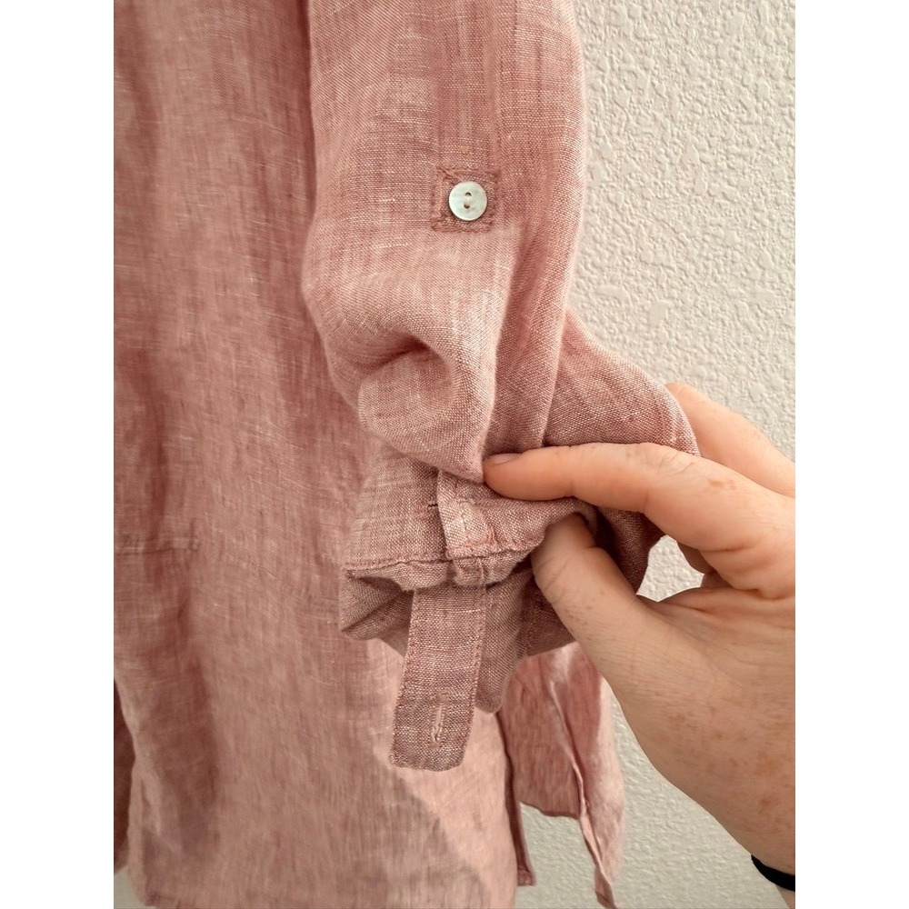 Tahari Womens 1X Dusty Rose Pink 100% Linen Button Down Tunic Roll Tab Shirt - Picture 6 of 7